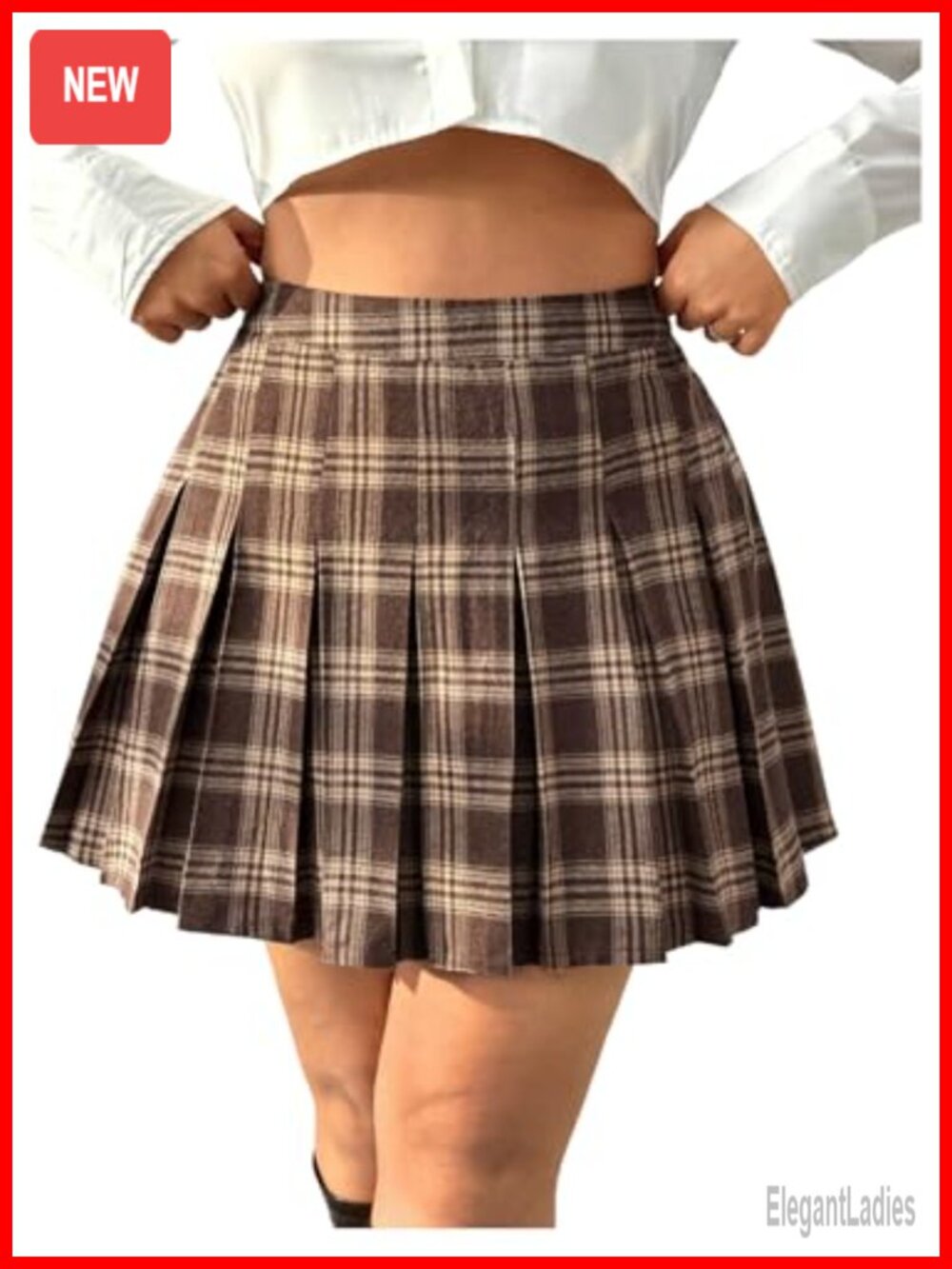 Plus Size Plaid Pleated A-Line Skirt High Waist Elastic Above Knee